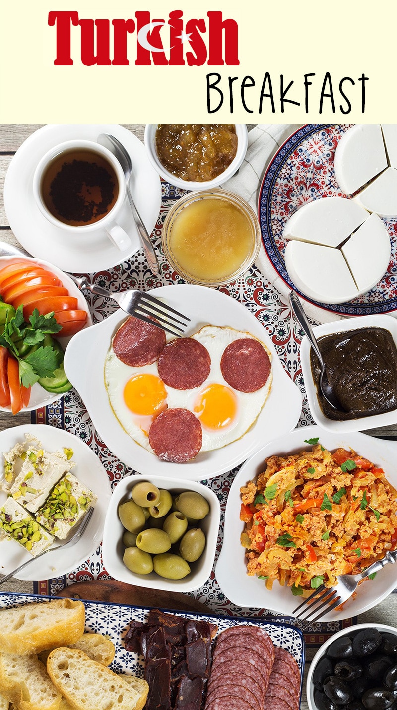 A look at the generous Turkish breakfast which features fresh bread, pastries, cold cuts, eggs, spreads, jams, cheese, veggies, and more! | cookingtheglobe.com