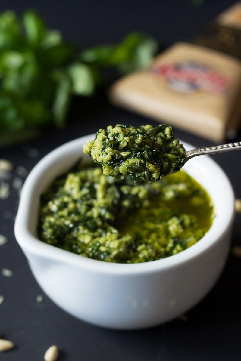 Authentic Italian pesto. Perfect combination of basil, pine nuts, garlic and olive oil | cookingtheglobe.com