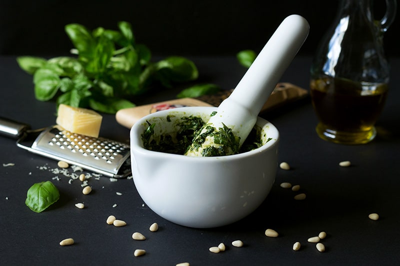 Authentic Italian pesto. Perfect combination of basil, pine nuts, garlic and olive oil | cookingtheglobe.com