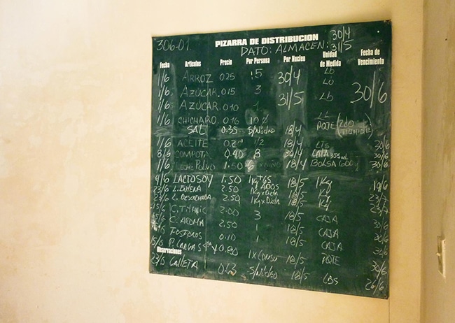 Chalkboard in the shop announcing the quantity of the products per person per month. Photo by Carlos Reusser Monsalvez