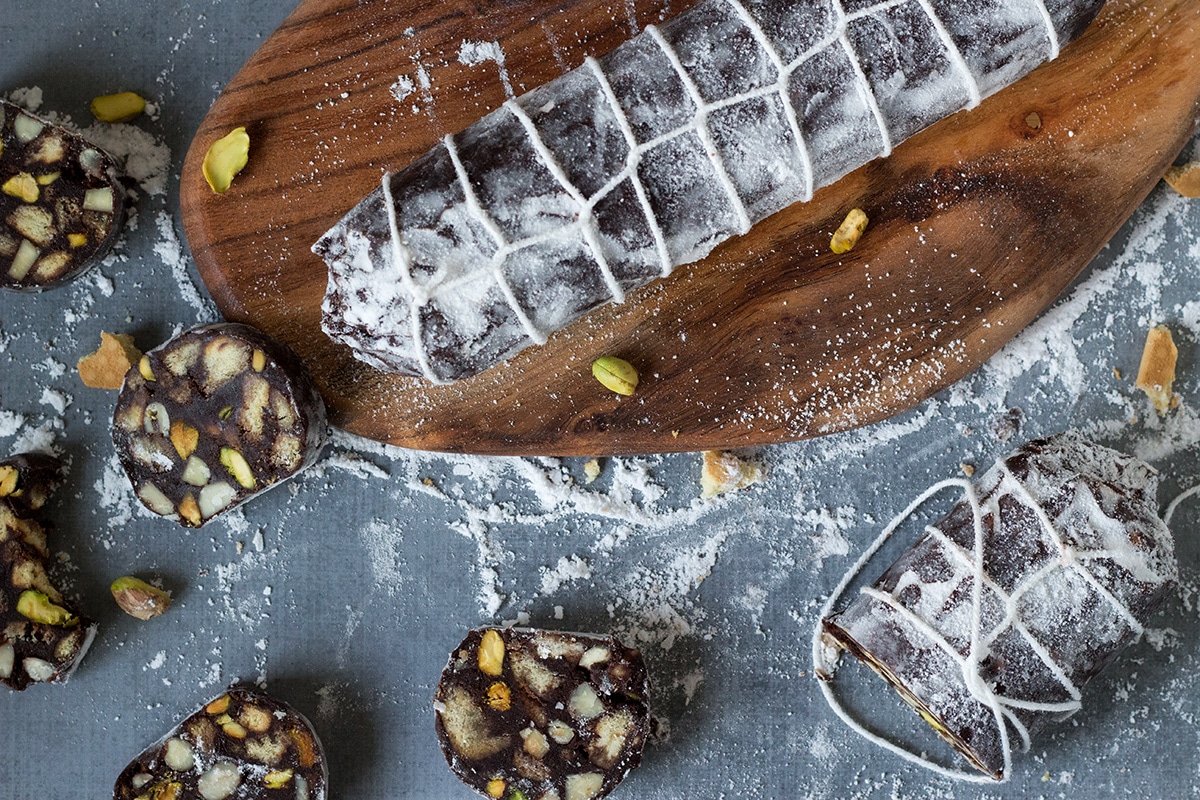 This chocolate dessert called Chocolate Salami comes straight from Italy and is filled with the flavors of chocolate, pistachios, almonds and rum! | cookingtheglobe.com