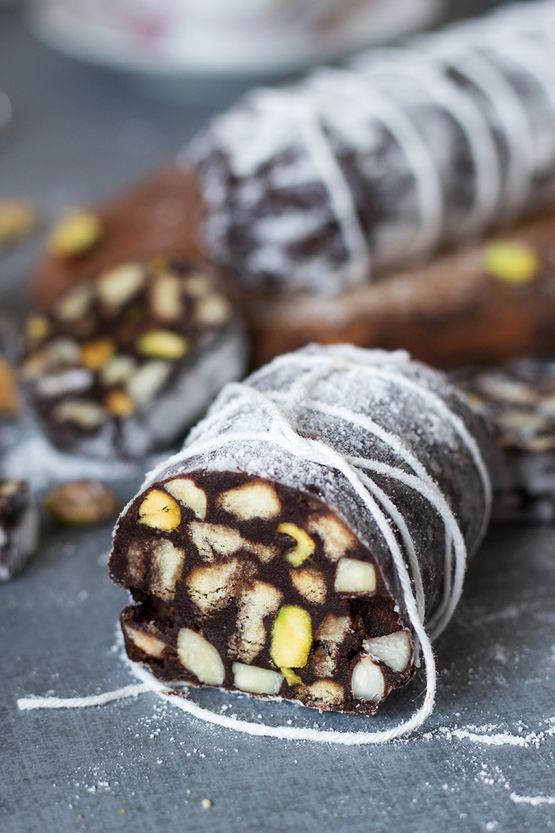 This chocolate dessert called Chocolate Salami comes straight from Italy and is filled with the flavors of chocolate, pistachios, almonds and rum! | cookingtheglobe.com