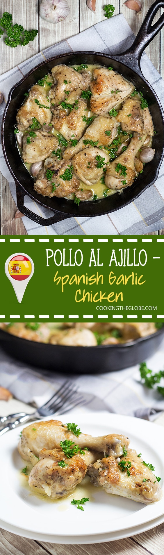 Pollo al Ajillo is a Spanish version of garlic chicken. This recipe requires only 7 ingredients to make! | cookingtheglobe.com