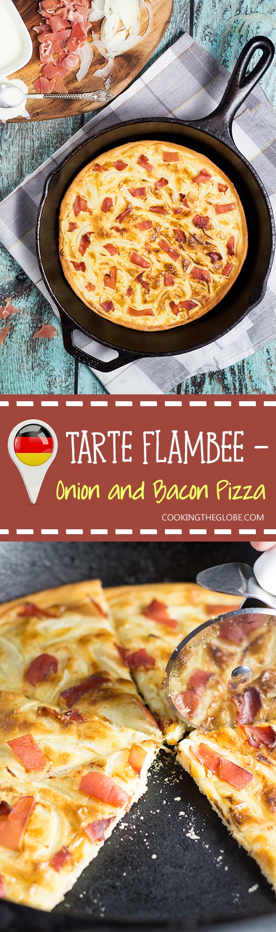 Tarte Flambee or Flammkuchen is a savory Alsatian pizza, topped with delicious sauce, onion and bacon!