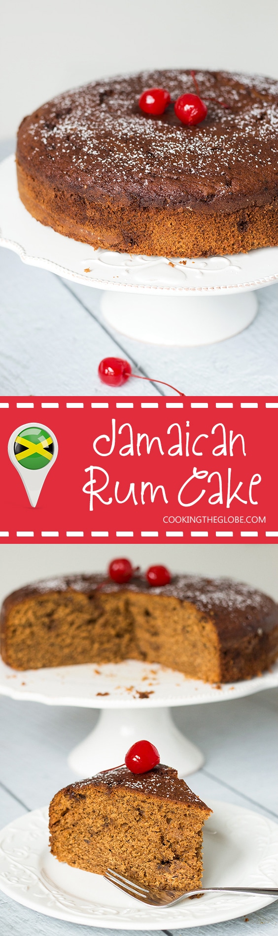 This Jamaican Rum Cake is dark, dense, and filled with rum-soaked dried fruit and Christmassy spices! | cookingtheglobe.com