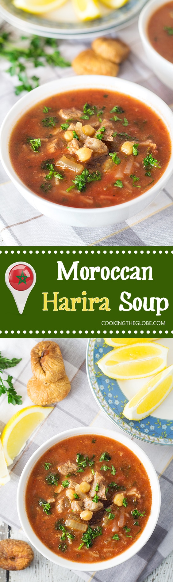 Harira soup comes from Morocco and combines beef, chickpeas, plenty of tomatoes, a few herbs and of course spices! | cookingtheglobe.com