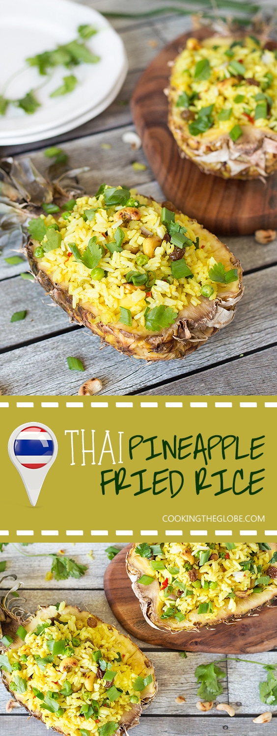 This signature Thai Pineapple Fried Rice is sweet & spicy. It is served in pineapple shells! | cookingtheglobe.com