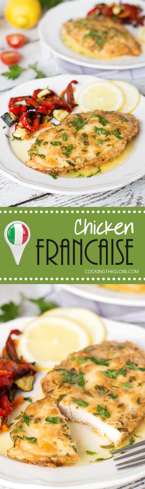 Chicken Francaise is an Italian-American dish consisting of cooked chicken breast cutlets with lemon wine sauce! | cookingtheglobe.com