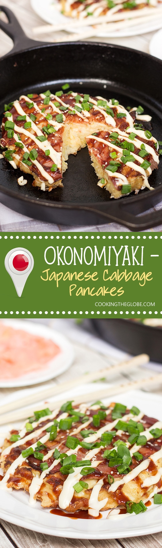 This traditional Japanese pancake (Okonomiyaki) is filled with cabbage and topped with sliced pork and amazing sauce! | cookingtheglobe.com