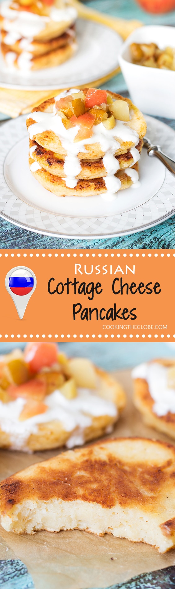 These Cottage Cheese Pancakes come from Russia and are called Syrniki. Served with sour cream and caramelized fruit! | cookingtheglobe.com