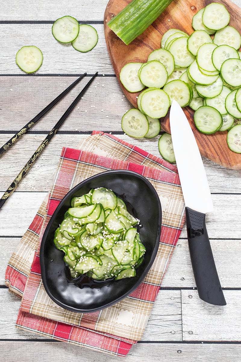 This Japanese Cucumber Salad, called Sunomono, is sweet and tangy. It is really quick to make and is perfect as an appetizer or a side dish!