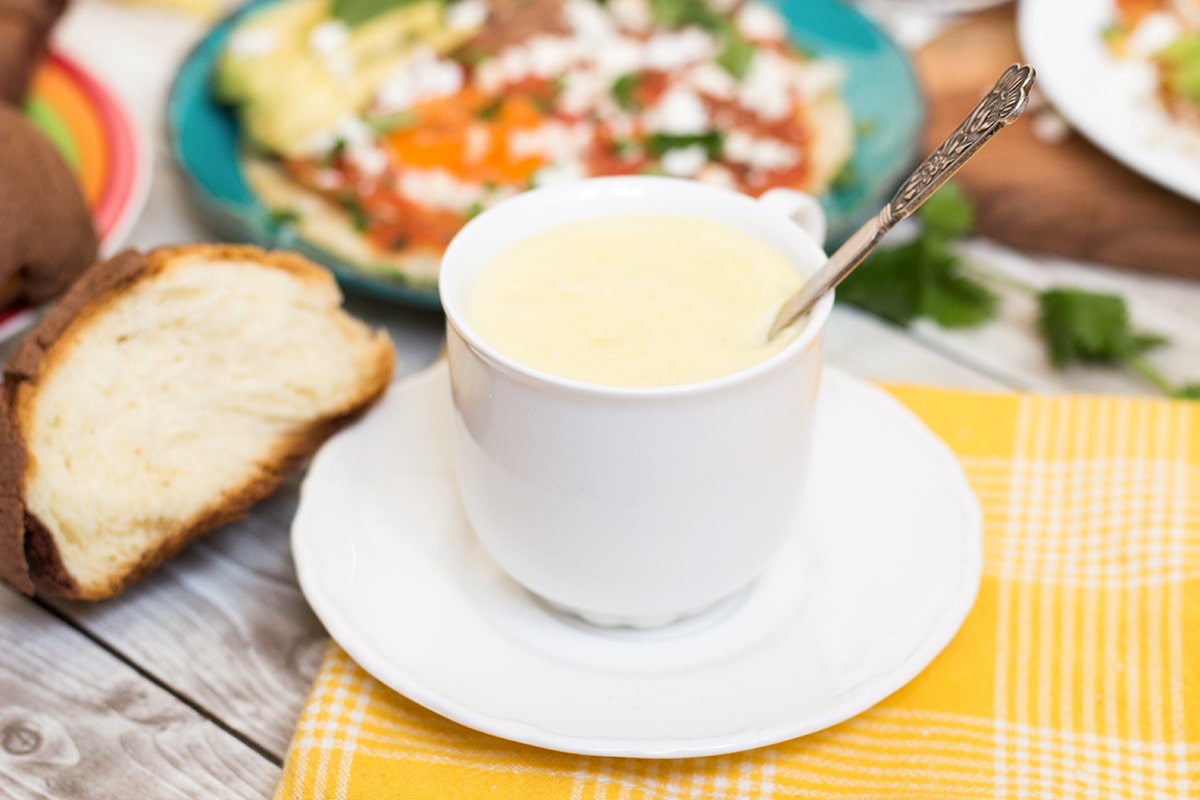 A look at the traditional Mexican breakfast which features spicy fried eggs (Huevos Rancheros), tortilla chips in a sauce (Chilaquiles), sweet bread and the hot corn drink (Atole)!