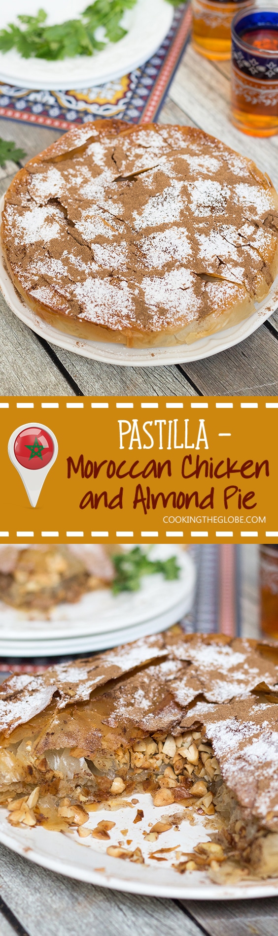 This sweet & savory Moroccan Pie (Pastilla) has a crisp, flaky pastry outside and an amazing cinnamon flavored chicken, onion, and almond filling inside!