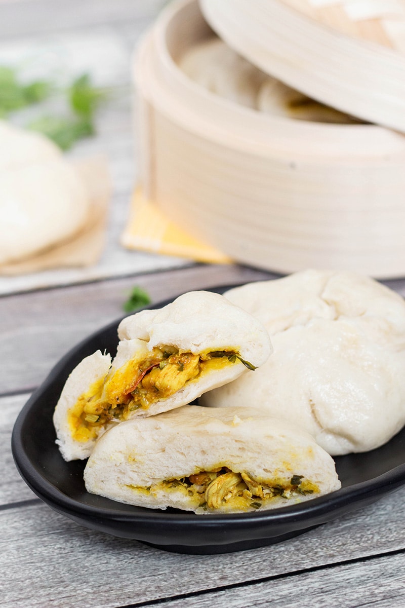 These steamed buns, called Siopao, come from the Philippines. They can be stuffed with anything you want! I made mine with a fantastic chicken curry filling!