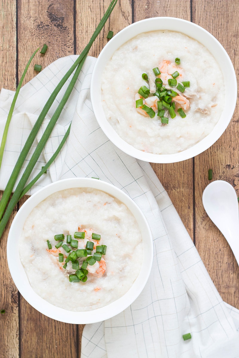 Pork and Shrimp Congee (Jook) is a Chinese breakfast favorite, but is perfect for any meal of the day. This rice porridge is filling, nourishing, and energy boosting! | cookingtheglobe.com