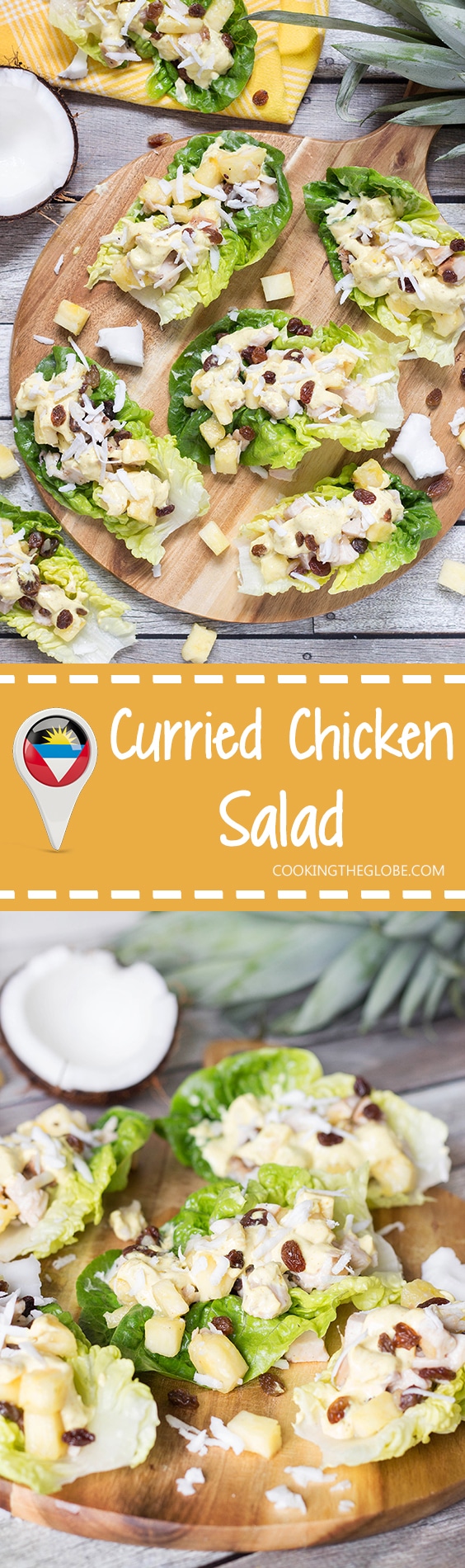 This crazy delicious Curried Chicken Salad comes from the Caribbean, and also features pineapple, coconut, raisins and other goodness! | cookingtheglobe.com