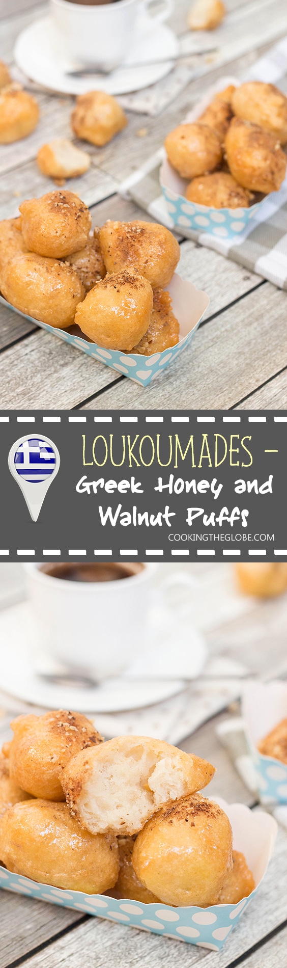 Check out these traditional Greek honey puffs (Loukoumades) sprinkled with cinnamon and walnuts. They are also called Greek donuts. Heaven for your taste buds!