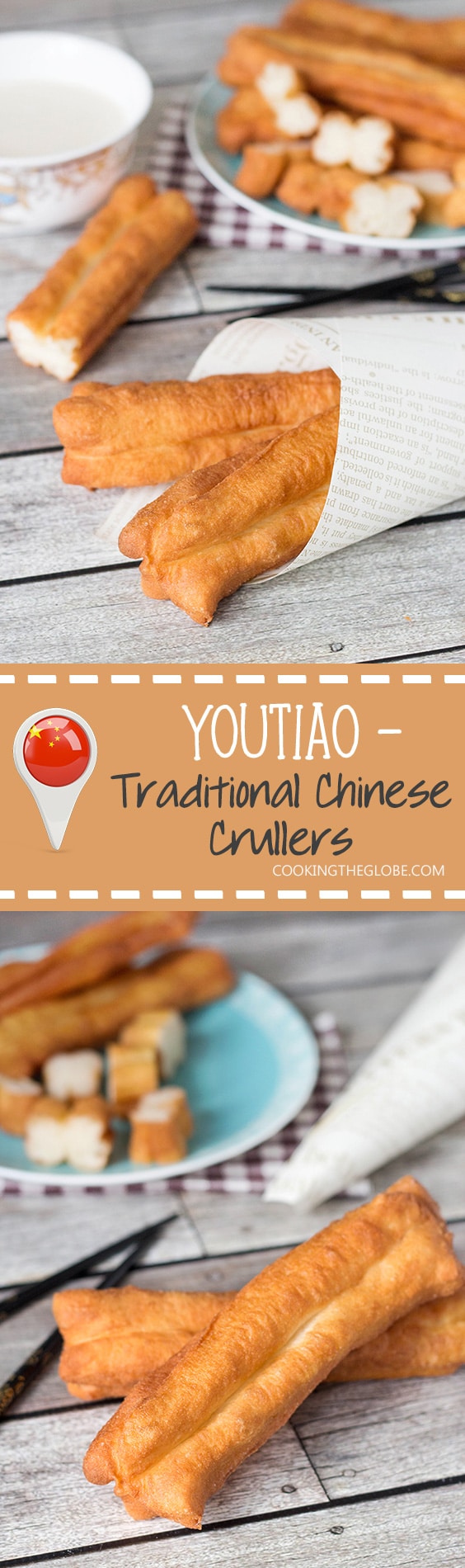 These Chinese Crullers, or Chinese donuts, called Youtiao, are a traditional breakfast staple in China. They can be enjoyed as a standalone dish or dipped in a warm soy milk! | cookingtheglobe.com