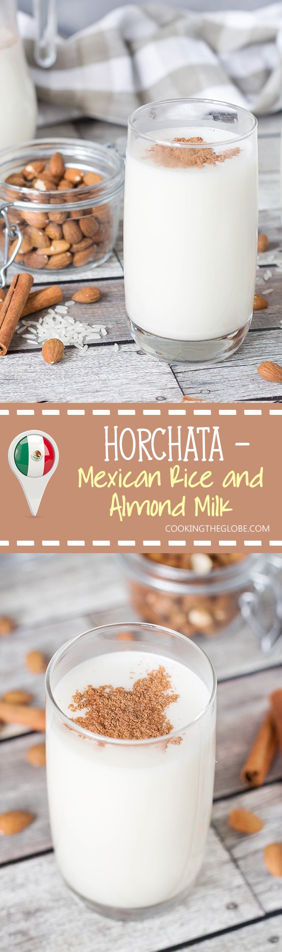 This authentic Horchata recipe has everything you need: rice, almonds, cinnamon, and lime zest mixed together to create a creamy, refreshing, thirst-quenching Mexican drink! | cookingtheglobe.com