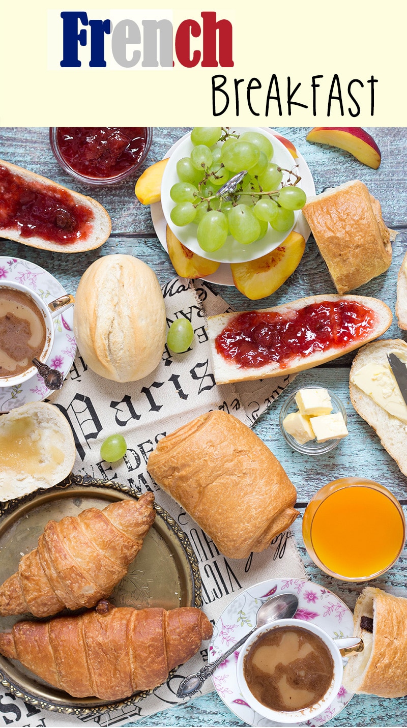 A look at the famous French breakfast, featuring a selection of breads and toppings, croissants, Pain au chocolat, and other goodies! | cookingtheglobe.com