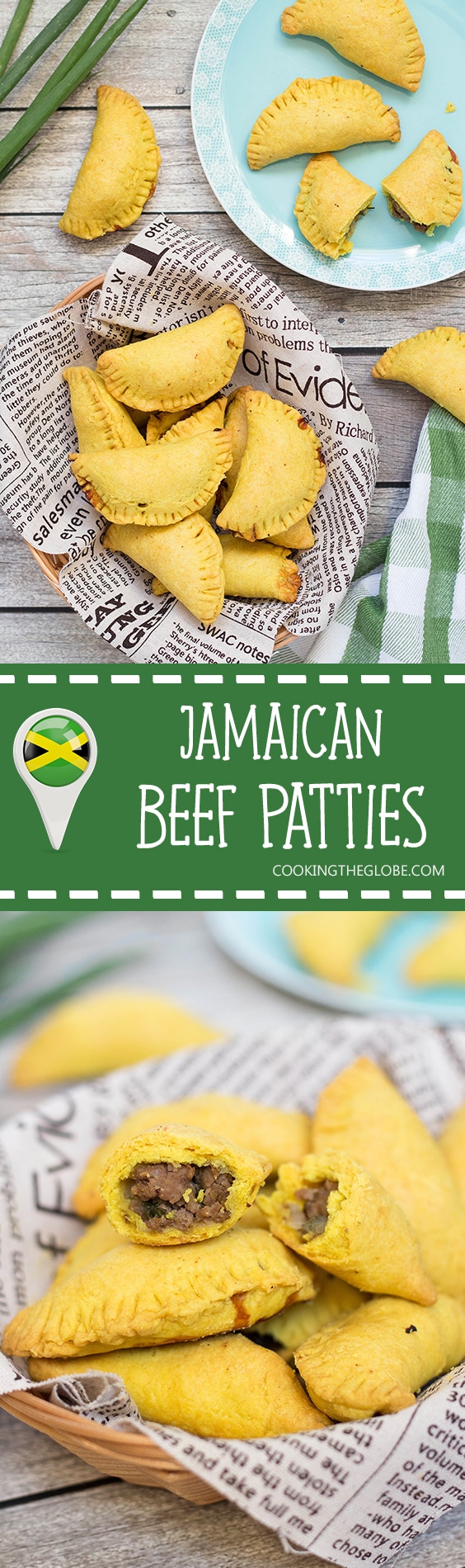 These flaky Jamaican Beef Patties are filled with a spicy ground beef mixture flavored with onion, thyme, pepper, and curry. Perfect on-the-go snack any time of the day! | cookingtheglobe.com