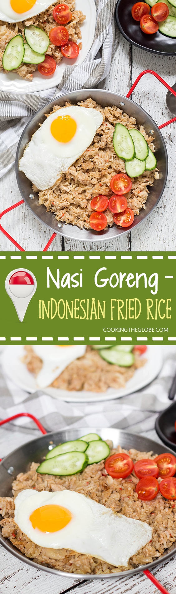 Indonesian Fried Rice (Nasi Goreng) is one of the most popular Indonesian dishes. It features chicken, tons of veggies, and is served with a fried egg on top! | cookingtheglobe.com