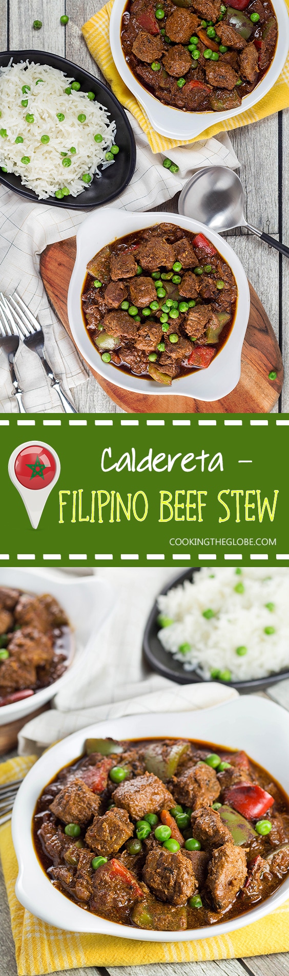 Beef Caldereta is a tomato sauce, red wine, and soy sauce based stew coming from the Philippines. But what sets it apart from other stews is the addition of liver pâté! Intrigued? Check it out! | cookingtheglobe.com