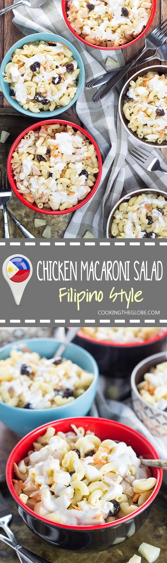 This Filipino Macaroni Salad is not the one you are used to. It features pineapple, raisins, and condensed milk. Mildly sweet, creamy, comforting - you'll love it! | cookingtheglobe.com