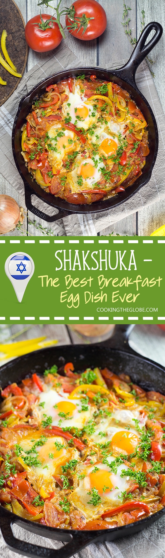 There are plenty of ways of cooking eggs, but nothing beats Shakshuka. This North African dish combines eggs with a fragrant tomato and bell pepper sauce! | cookingtheglobe.com