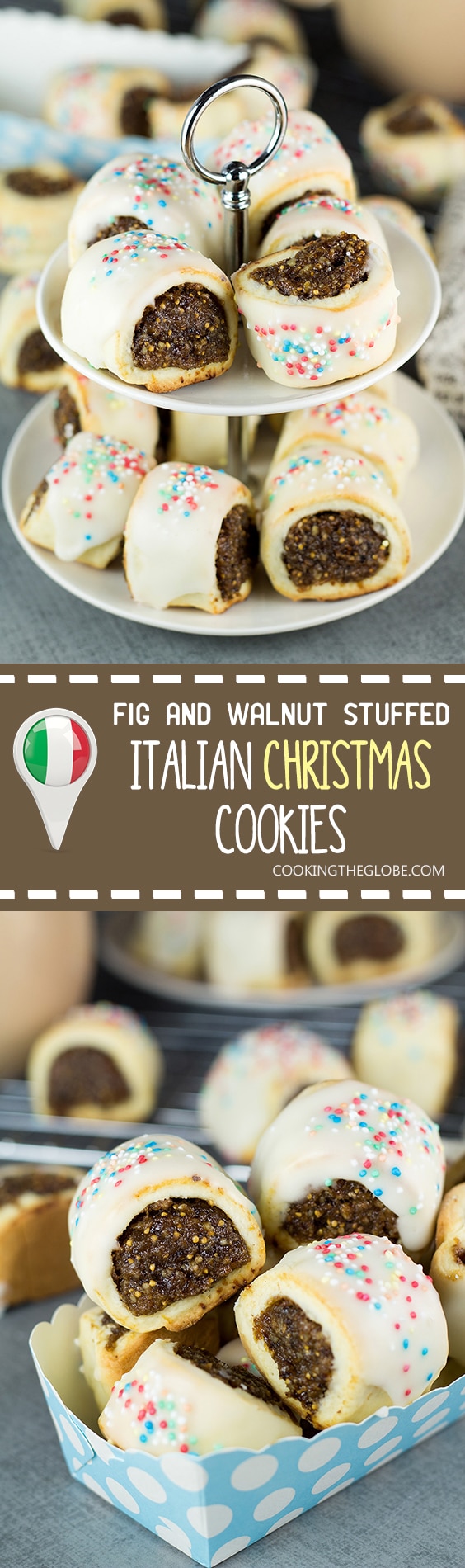 These Italian Christmas Cookies, also called Cuccidati, are filled with a mouth-watering fig and walnut mixture and topped with a sweet white icing! | cookingtheglobe.com