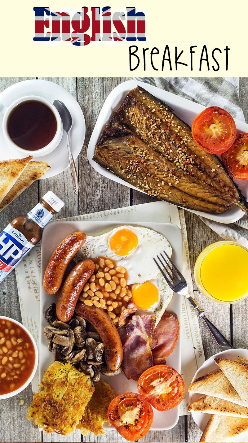 A look at the most iconic morning fare in the world - English breakfast. This hearty meal features eggs, sausages, bacon, beans, mushrooms, and more! | cookingtheglobe.com