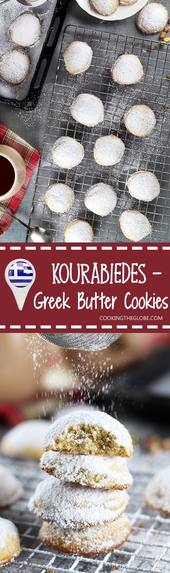 These Greek Butter Cookies (Kourabiedes) are usually made on Christmas or other holidays. They are tender, buttery, and stuffed with pistachios! | cookingtheglobe.com