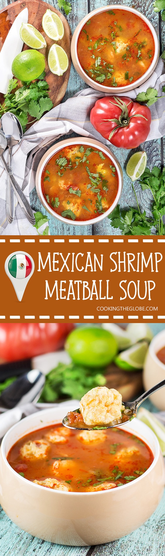 This amazing Mexican Shrimp Soup features super tender shrimp meatballs swimming in a flavorful spicy tomato broth. So easy and quick to make! | cookingtheglobe.com