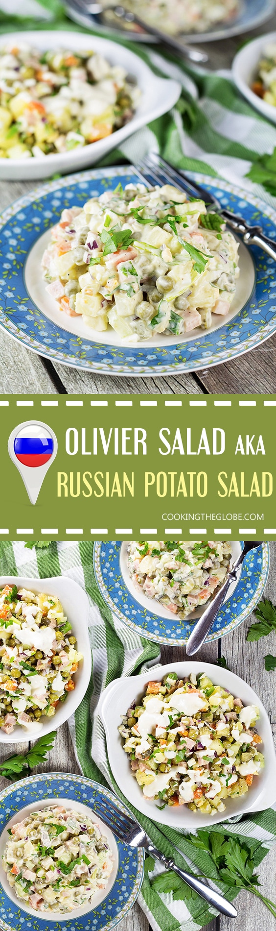 Olivier Salad, also known as Russian Potato Salad, is one of the most famous Russian foods. It is hearty, comforting, filling, and super delicious! | cookingtheglobe.com