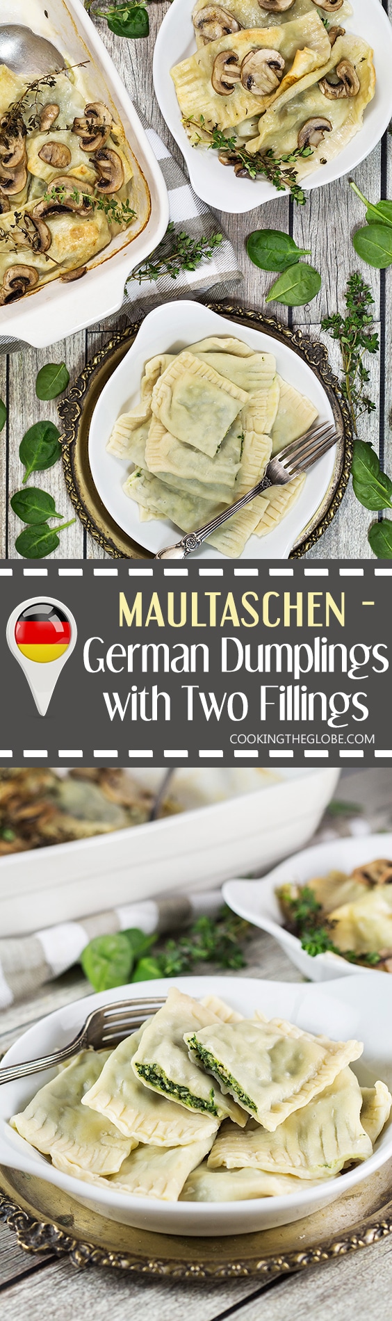 Maultaschen is a German version of Italian ravioli dumplings, only way bigger. This recipe features two different fillings: a traditional and a modern one! | cookingtheglobe.com