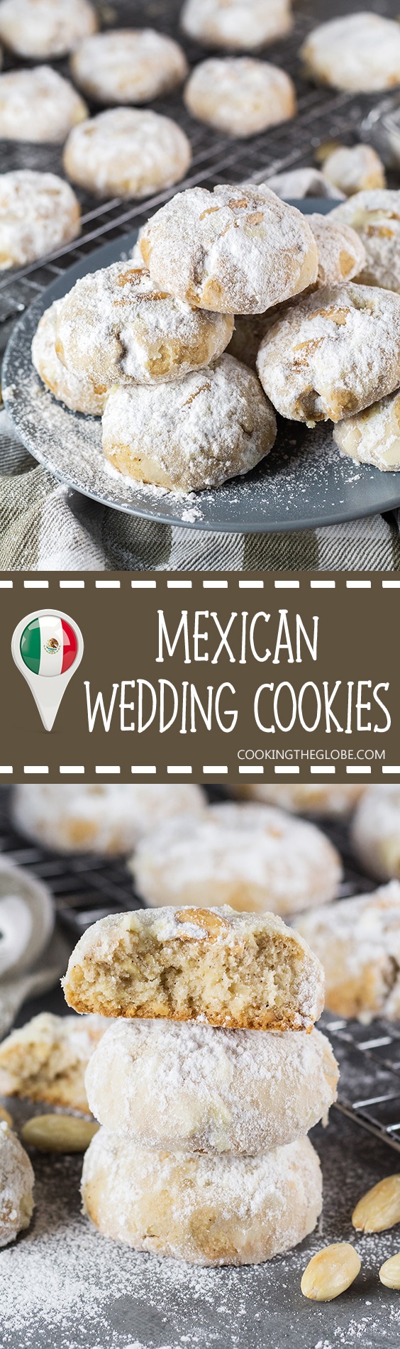 These Mexican Wedding Cookies are buttery, crumbly, nutty, and topped with whole almonds. Perfect with a mug of hot cocoa or a cup of milk, tea, or coffee! | cookingtheglobe.com