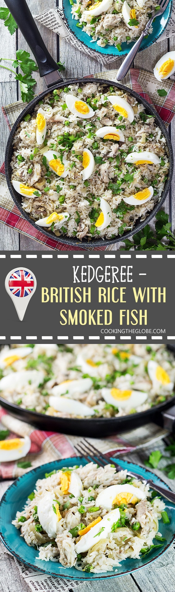 Kedgeree is a traditional British dish usually eaten for breakfast. Smoked fish, spiced rice, peas, onions, and hard-boiled eggs. A true flavor bomb! | cookingtheglobe.com