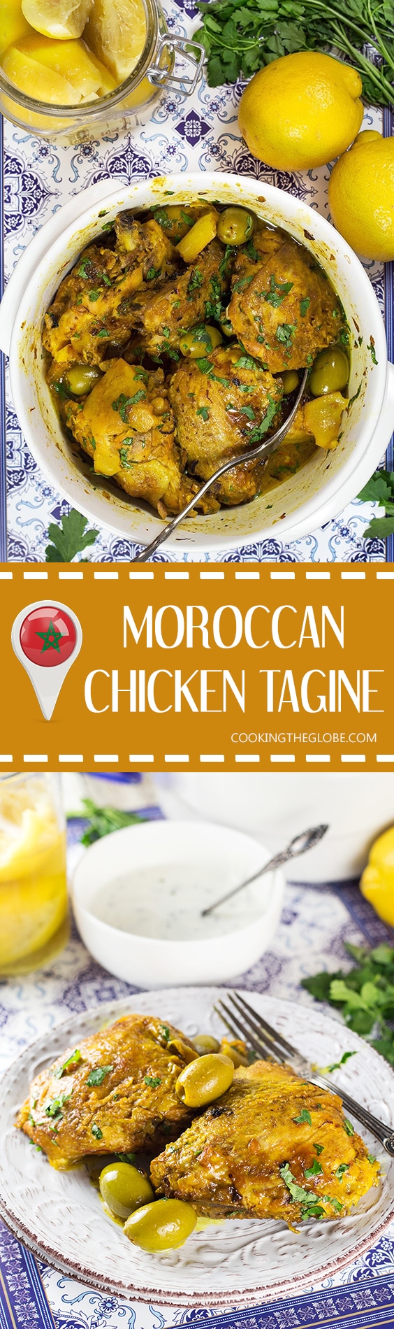 This Moroccan Chicken Tagine is bursting with flavor! Infused with saffron and flavored with preserved lemons, it's guaranteed to become your favorite! | cookingtheglobe.com