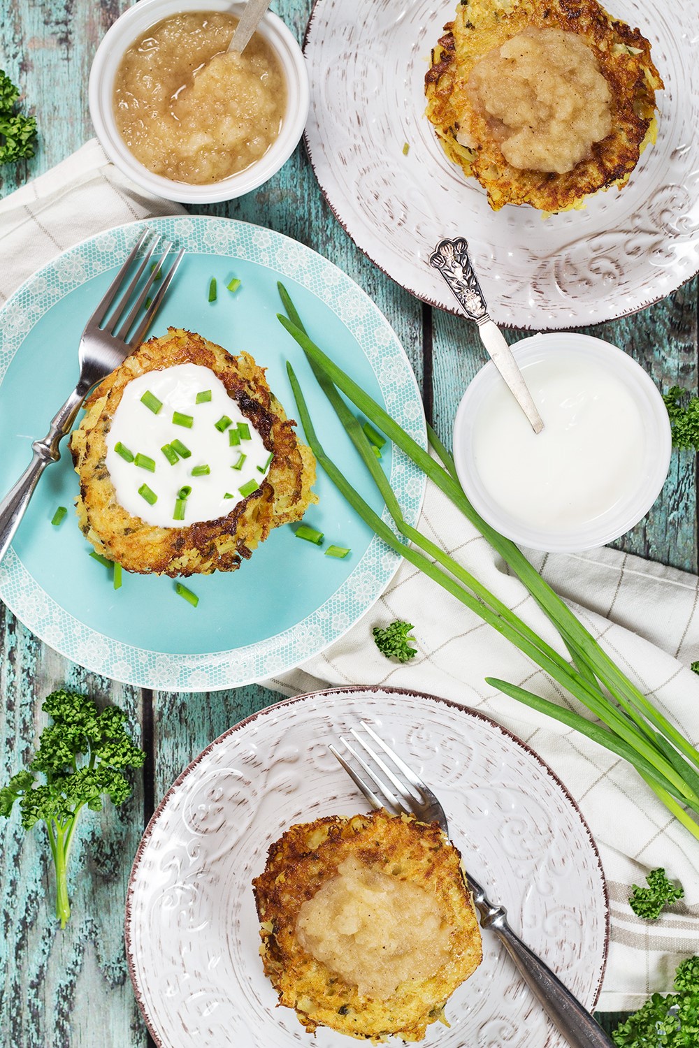 German Potato Pancakes are really easy to throw together and make a perfect meatless dinner. Serve them either with sweet or savory toppings and enjoy! #vegetarian | cookingtheglobe.com