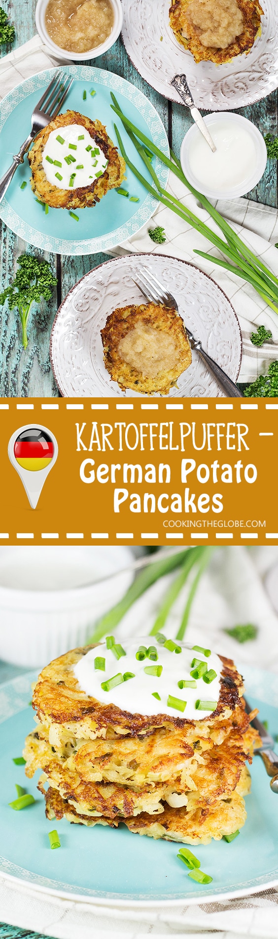 German Potato Pancakes are really easy to throw together and make a perfect meatless dinner. Serve them either with sweet or savory toppings and enjoy! #vegetarian | cookingtheglobe.com