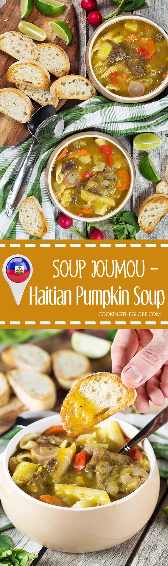 Soup Joumou is a traditional Haitian pumpkin soup packed with 11 different veggies, beef, and pasta. Hearty, comforting, and crazy delicious! | cookingtheglobe.com