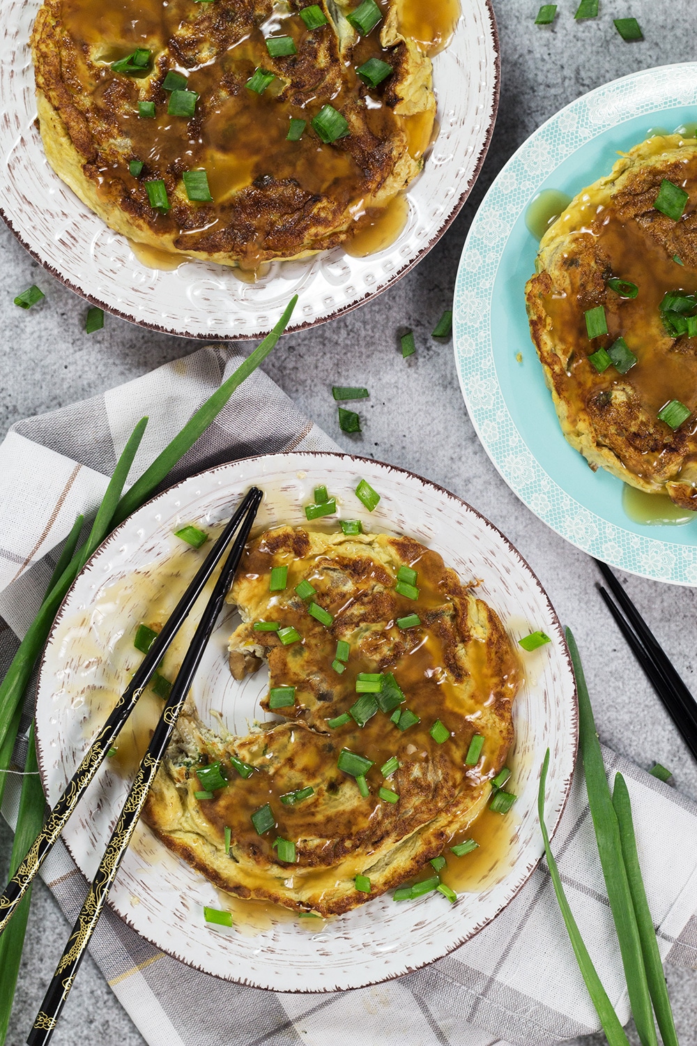 Vegetable Egg Foo Young is a perfect meatless Chinese-American breakfast option. Packed with bean sprouts, water chestnuts, and mushrooms! | cookingtheglobe.com