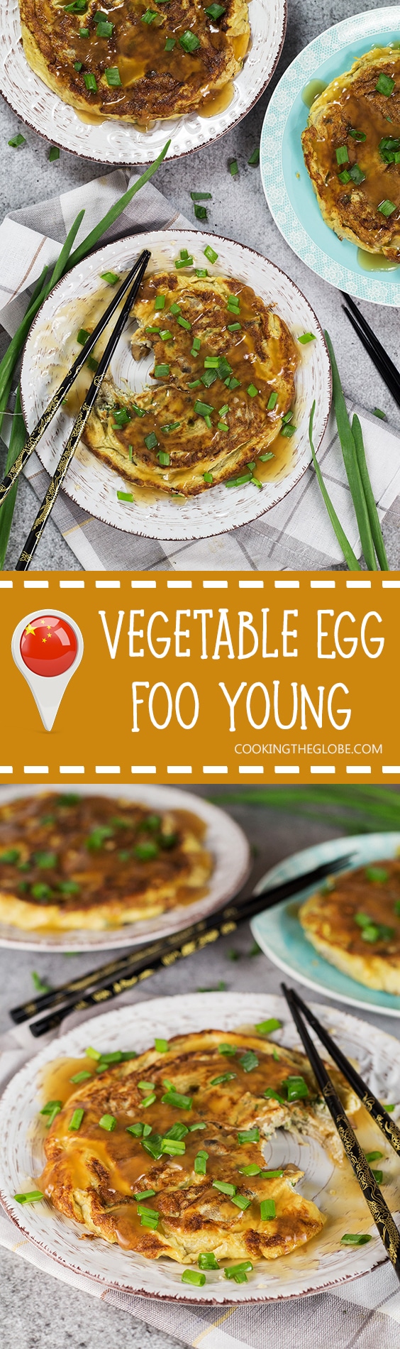 Vegetable Egg Foo Young is a perfect meatless Chinese-American breakfast option. Packed with bean sprouts, water chestnuts, and mushrooms! | cookingtheglobe.com