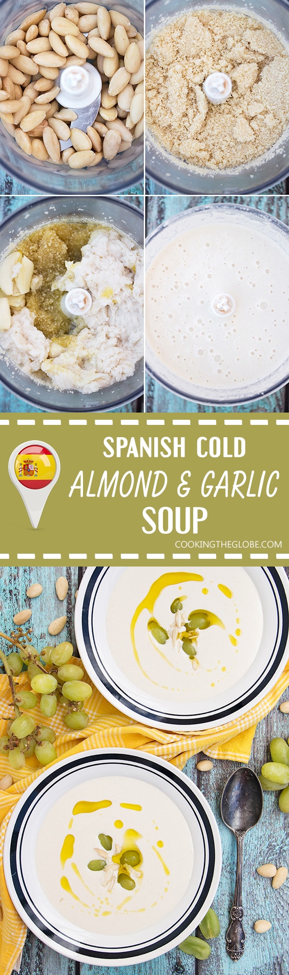 Ajo Blanco is your answer to the summer heat! Almonds, garlic, bread, olive oil, and grapes combined together to create this chilled Spanish soup! | cookingtheglobe.com