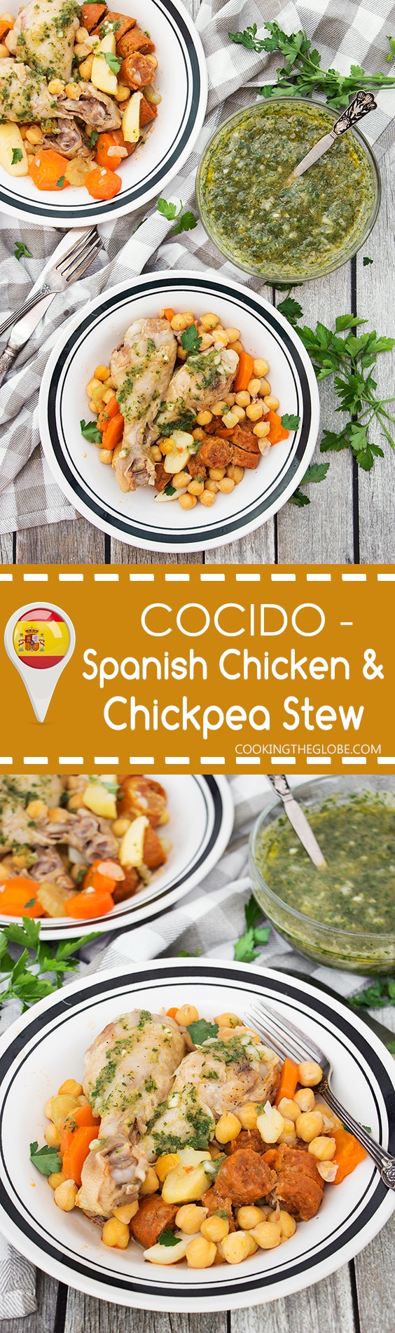 Cocido is one of the most iconic Spanish dishes. While this stew can be made numerous ways, my version features chicken, chorizo, chickpeas, and a bunch of veggies! | cookingtheglobe.com