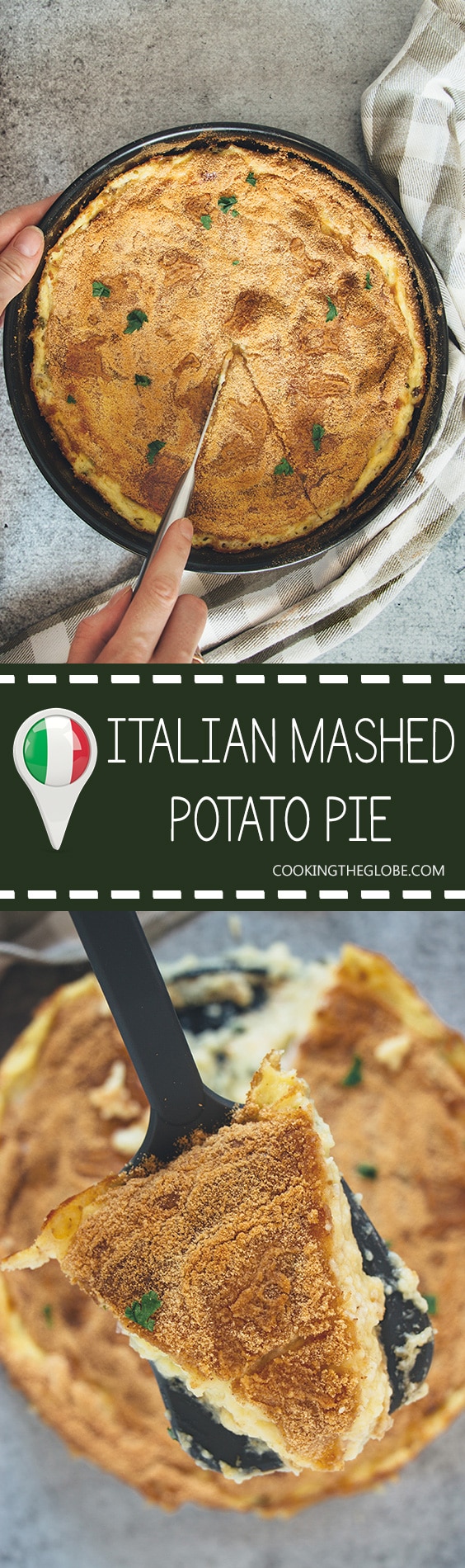 This Italian mashed potato pie is creamy, comforting, and crazy delicious. Featuring three types of cheese and two types of meat, it makes a great side or even a main dish! | cookingtheglobe.com