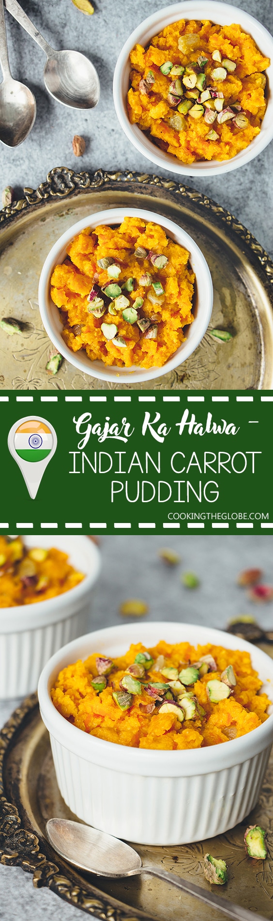 Gajar Ka Halwa is a well known Indian carrot dessert consisting of grated carrots, ghee, milk, sugar, and nuts. Infused with cardamom, it's truly amazing! | cookingtheglobe.com