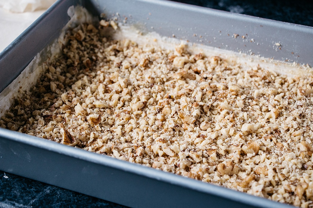 Phyllo dough covered with pistachios and almonds