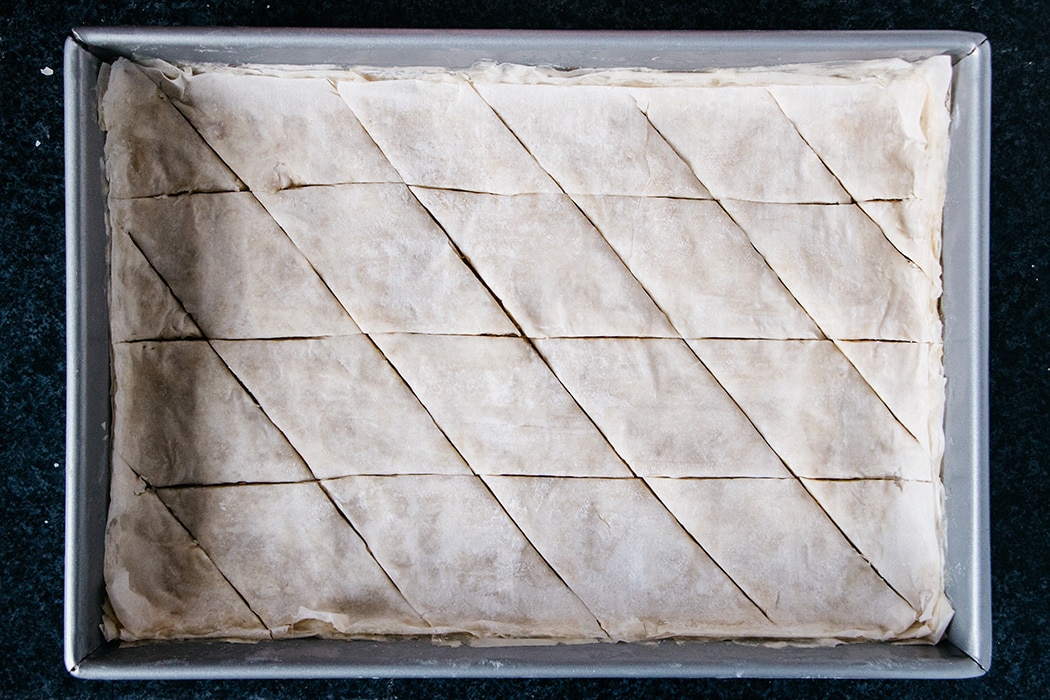 Turkish Baklava cut into diamonds before baking