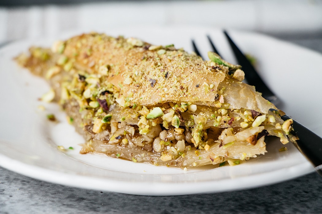 A closeup of Turkish Baklava slice